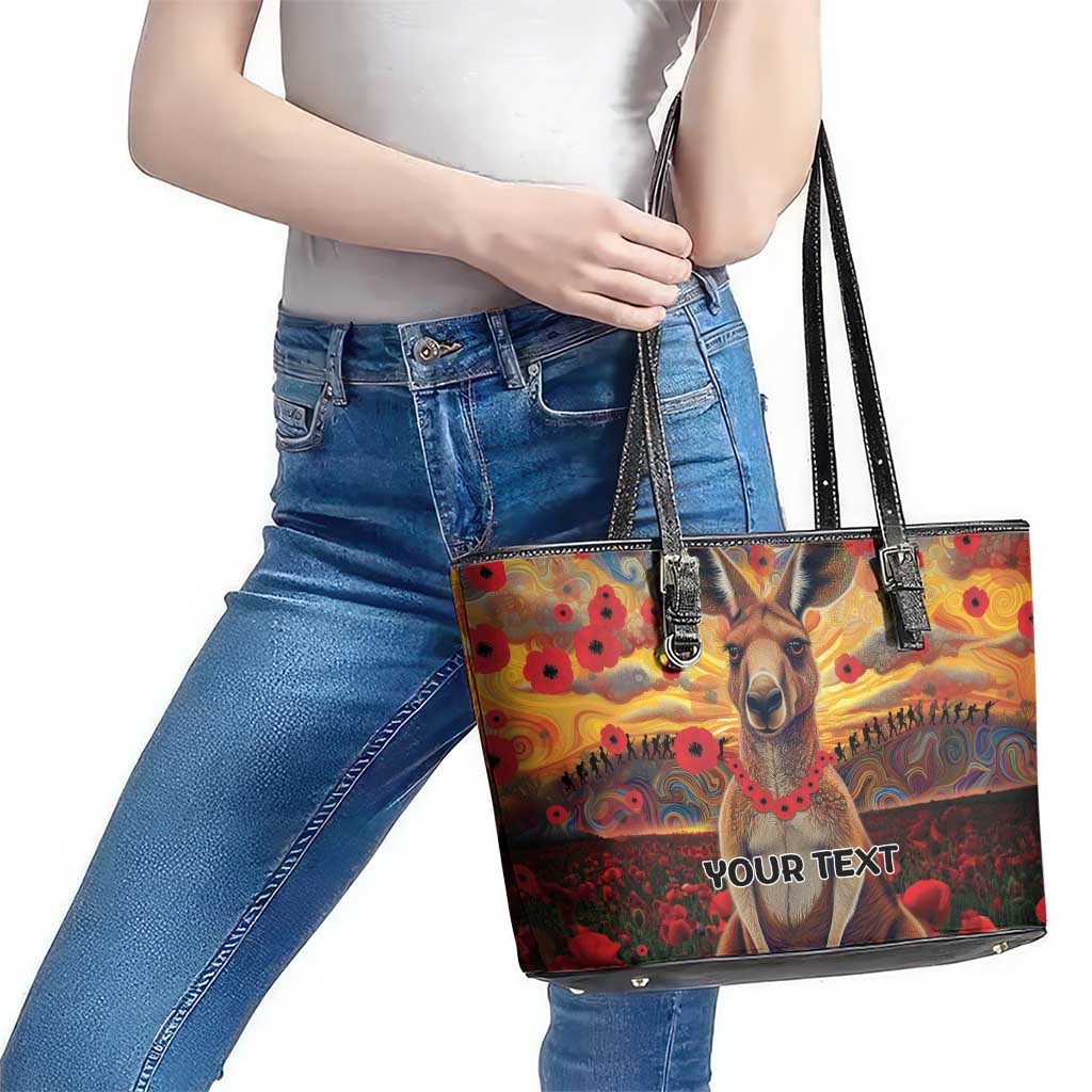 Kangaroo ANZAC Personalised Leather Tote Bag Poppy Flowers Aboriginal Dot Painting