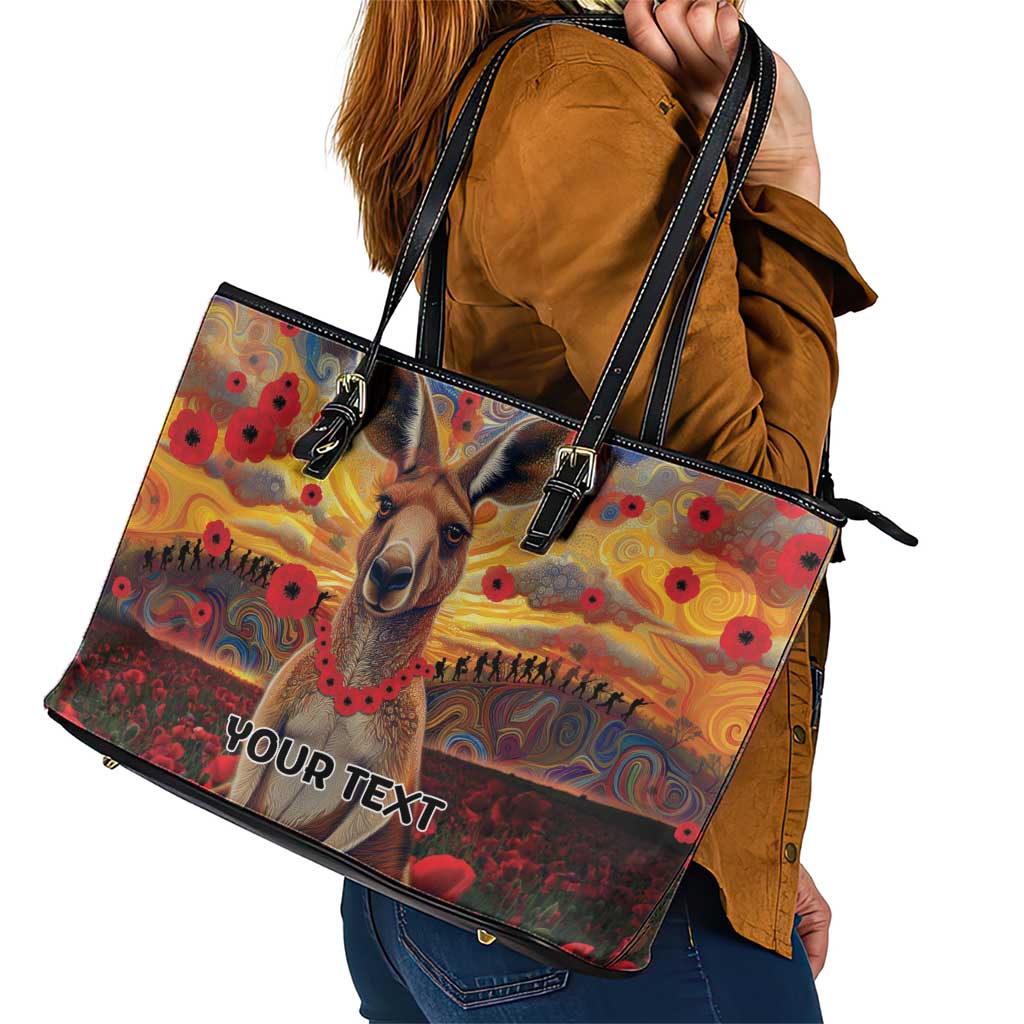 Kangaroo ANZAC Personalised Leather Tote Bag Poppy Flowers Aboriginal Dot Painting