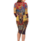 Kangaroo ANZAC Personalised Long Sleeve Bodycon Dress Poppy Flowers Aboriginal Dot Painting