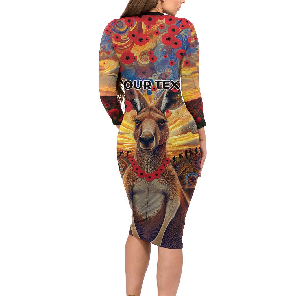 Kangaroo ANZAC Personalised Long Sleeve Bodycon Dress Poppy Flowers Aboriginal Dot Painting