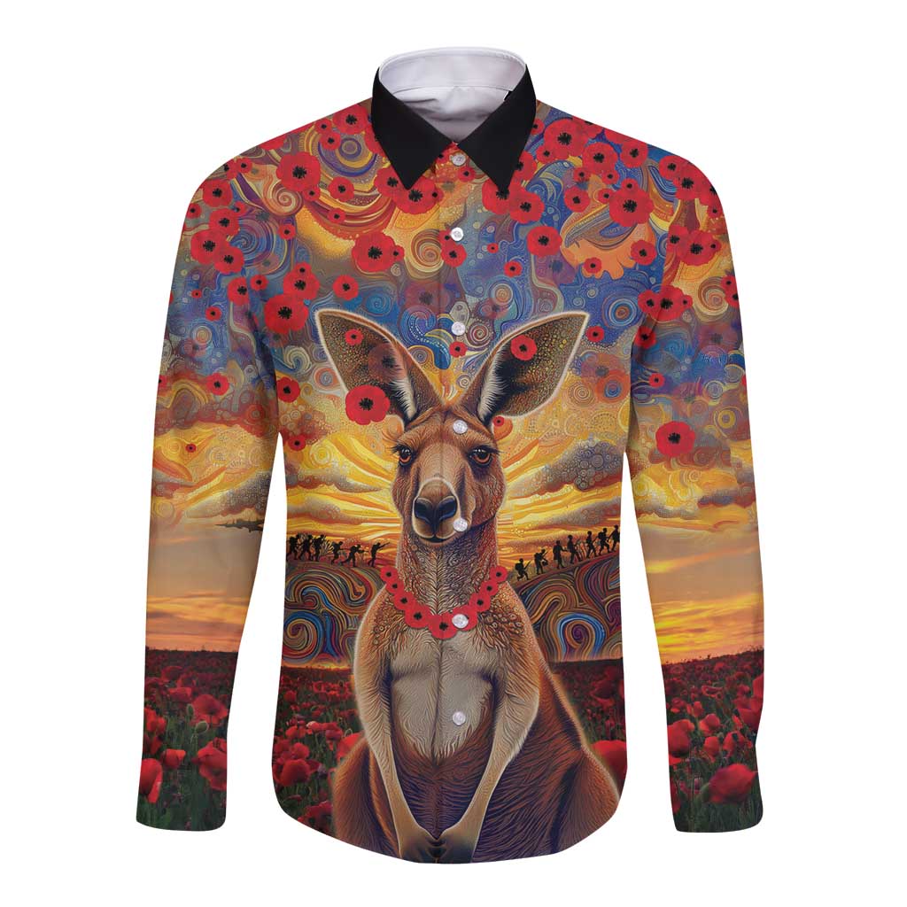 Kangaroo ANZAC Personalised Long Sleeve Button Shirt Poppy Flowers Aboriginal Dot Painting