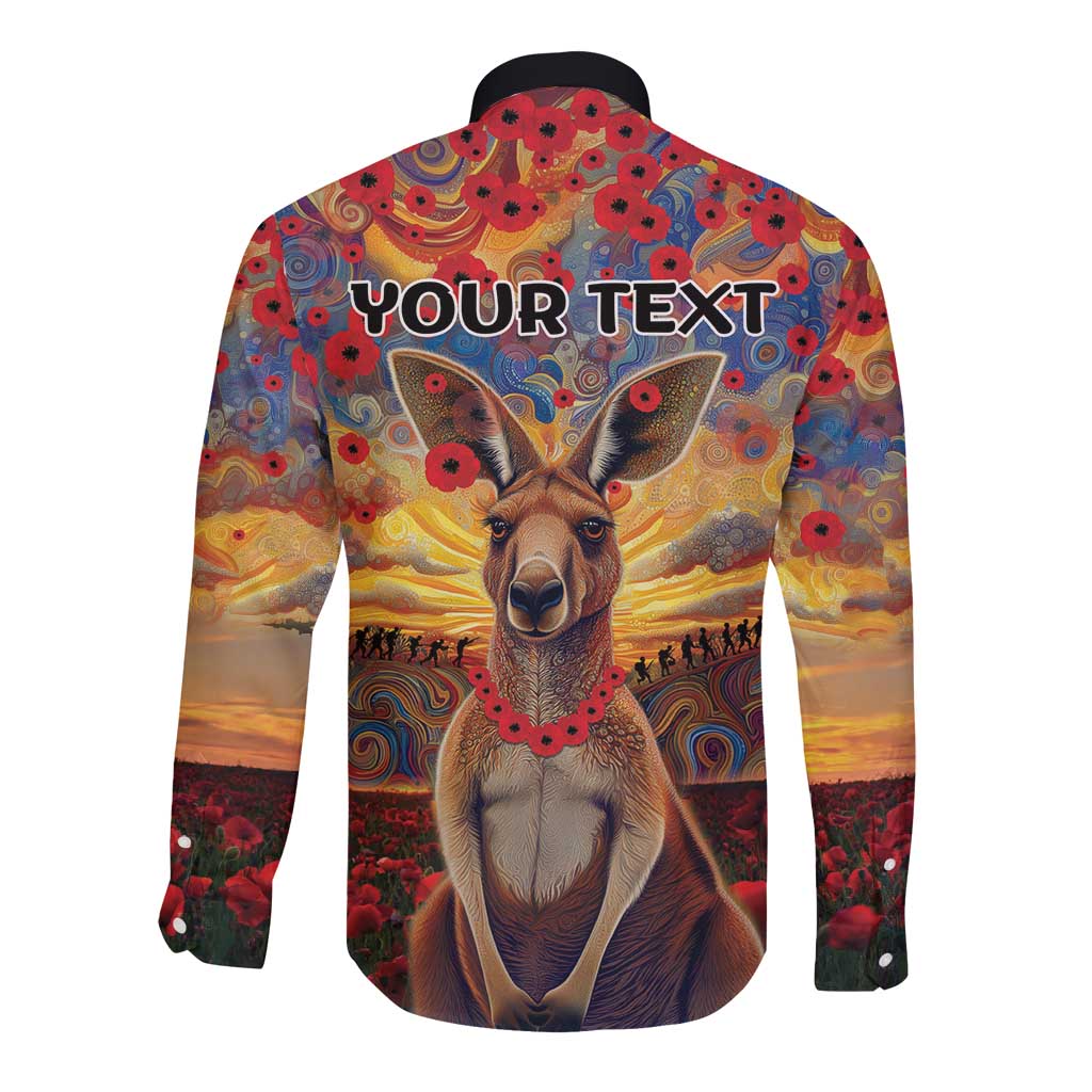 Kangaroo ANZAC Personalised Long Sleeve Button Shirt Poppy Flowers Aboriginal Dot Painting