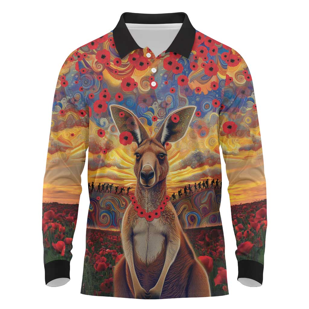 Kangaroo ANZAC Personalised Long Sleeve Polo Shirt Poppy Flowers Aboriginal Dot Painting