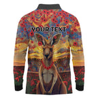 Kangaroo ANZAC Personalised Long Sleeve Polo Shirt Poppy Flowers Aboriginal Dot Painting