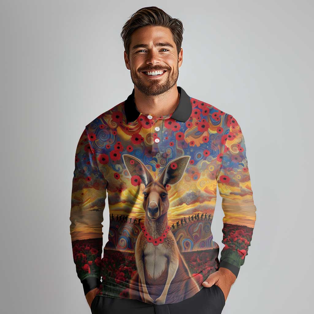 Kangaroo ANZAC Personalised Long Sleeve Polo Shirt Poppy Flowers Aboriginal Dot Painting