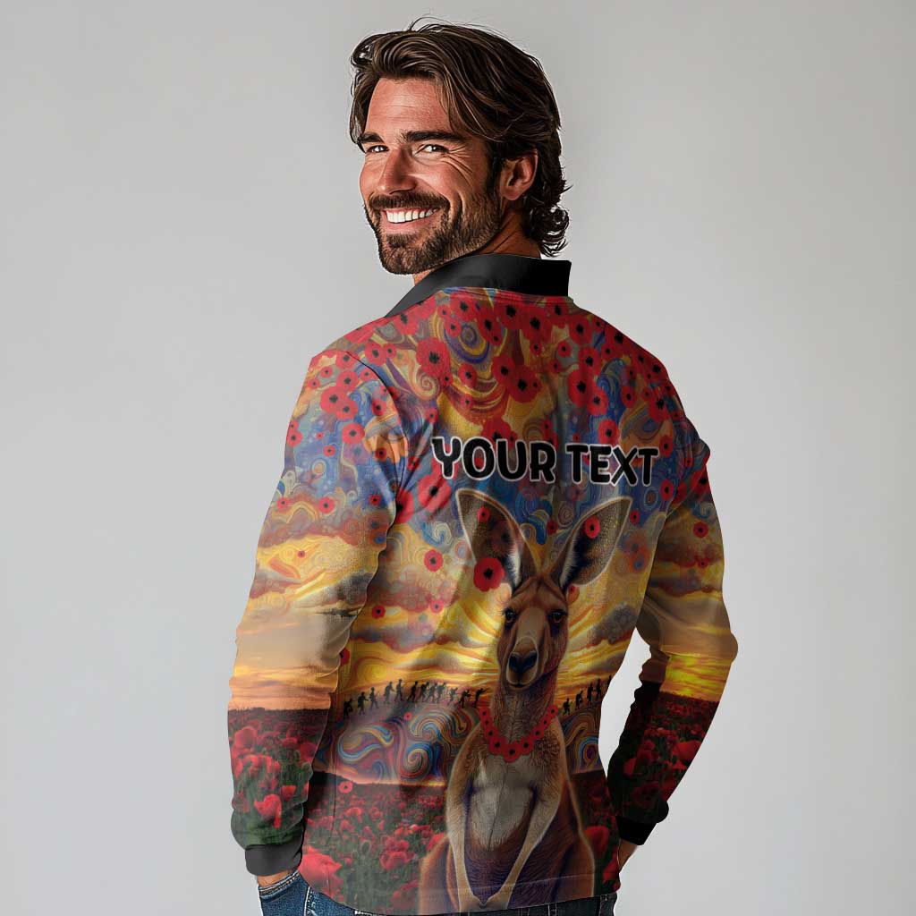 Kangaroo ANZAC Personalised Long Sleeve Polo Shirt Poppy Flowers Aboriginal Dot Painting