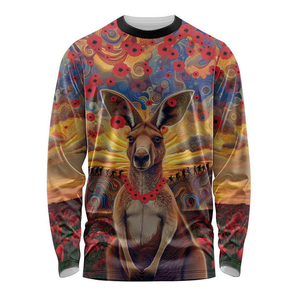 Kangaroo ANZAC Personalised Long Sleeve Shirt Poppy Flowers Aboriginal Dot Painting