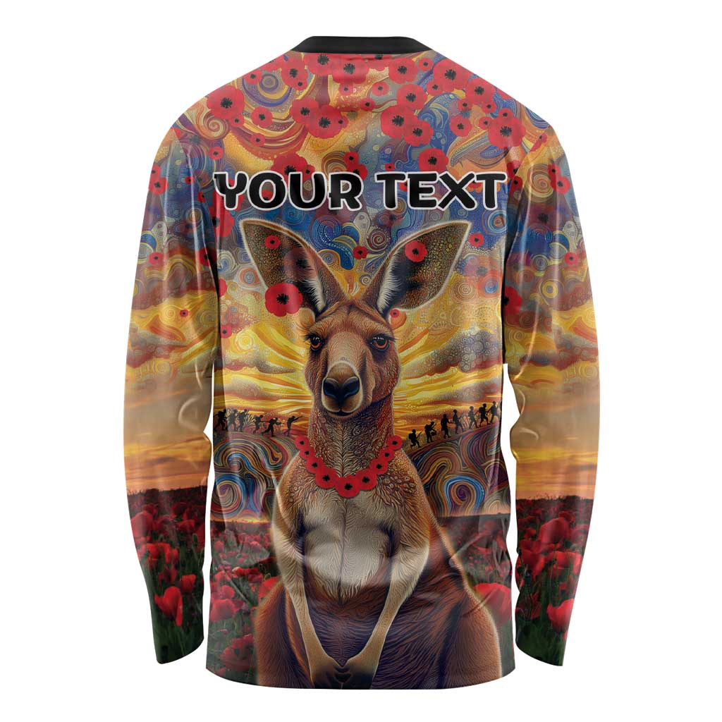 Kangaroo ANZAC Personalised Long Sleeve Shirt Poppy Flowers Aboriginal Dot Painting