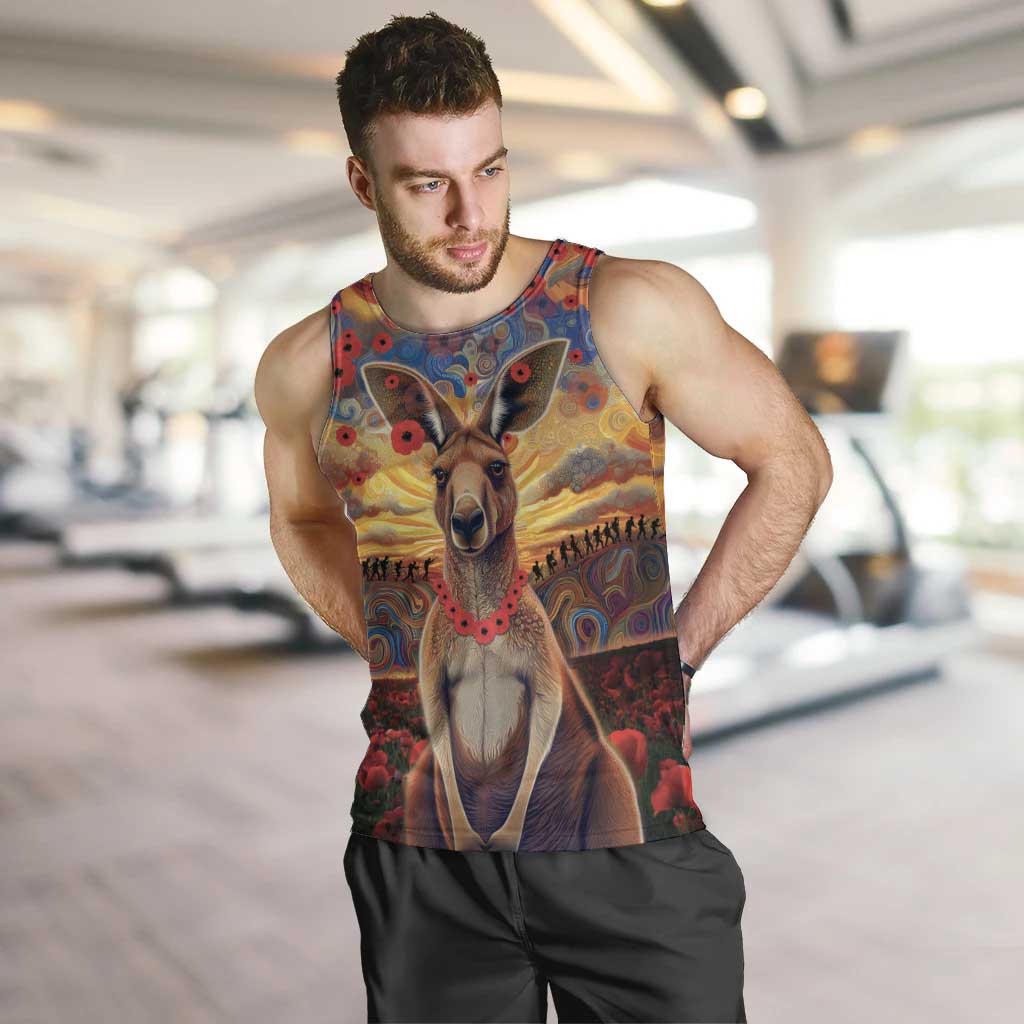 Kangaroo ANZAC Personalised Men Tank Top Poppy Flowers Aboriginal Dot Painting