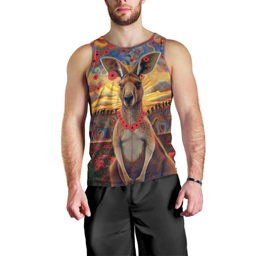 Kangaroo ANZAC Personalised Men Tank Top Poppy Flowers Aboriginal Dot Painting