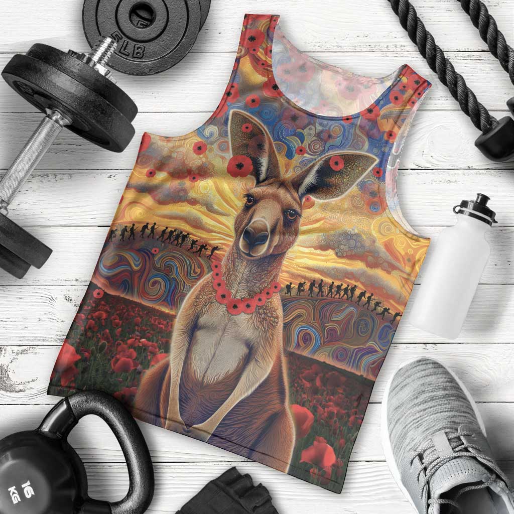 Kangaroo ANZAC Personalised Men Tank Top Poppy Flowers Aboriginal Dot Painting