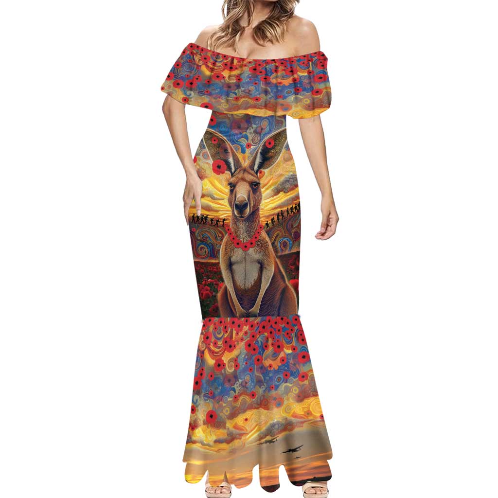 Kangaroo ANZAC Personalised Mermaid Dress Poppy Flowers Aboriginal Dot Painting