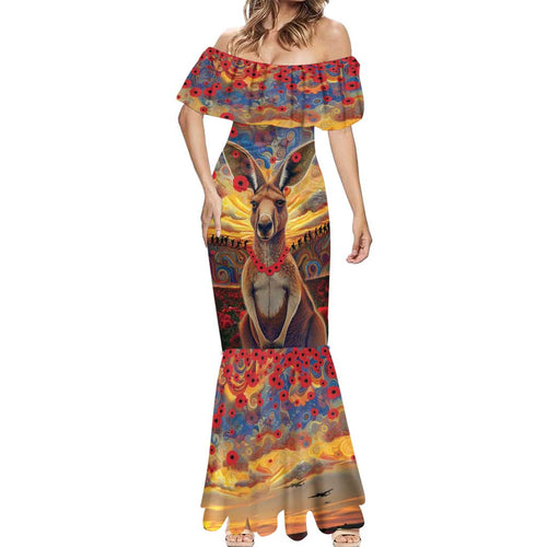 Kangaroo ANZAC Personalised Mermaid Dress Poppy Flowers Aboriginal Dot Painting