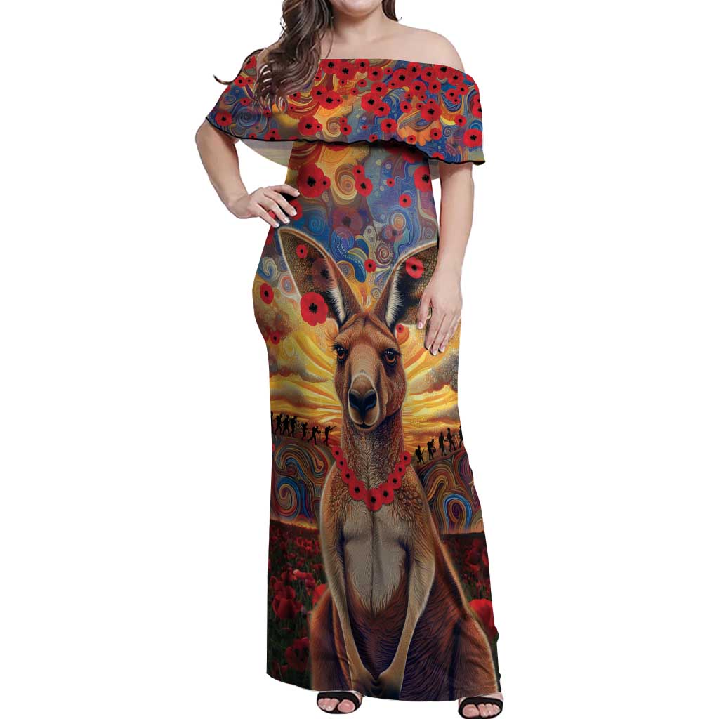 Kangaroo ANZAC Personalised Off Shoulder Maxi Dress Poppy Flowers Aboriginal Dot Painting