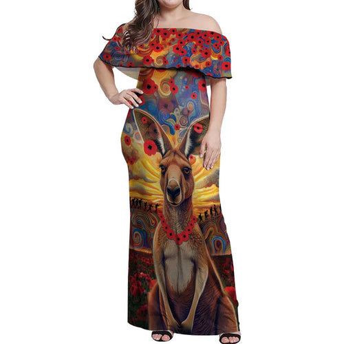 Kangaroo ANZAC Personalised Off Shoulder Maxi Dress Poppy Flowers Aboriginal Dot Painting