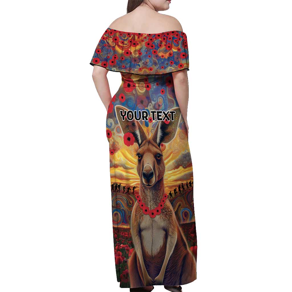 Kangaroo ANZAC Personalised Off Shoulder Maxi Dress Poppy Flowers Aboriginal Dot Painting