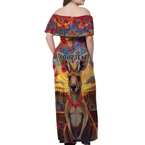 Kangaroo ANZAC Personalised Off Shoulder Maxi Dress Poppy Flowers Aboriginal Dot Painting