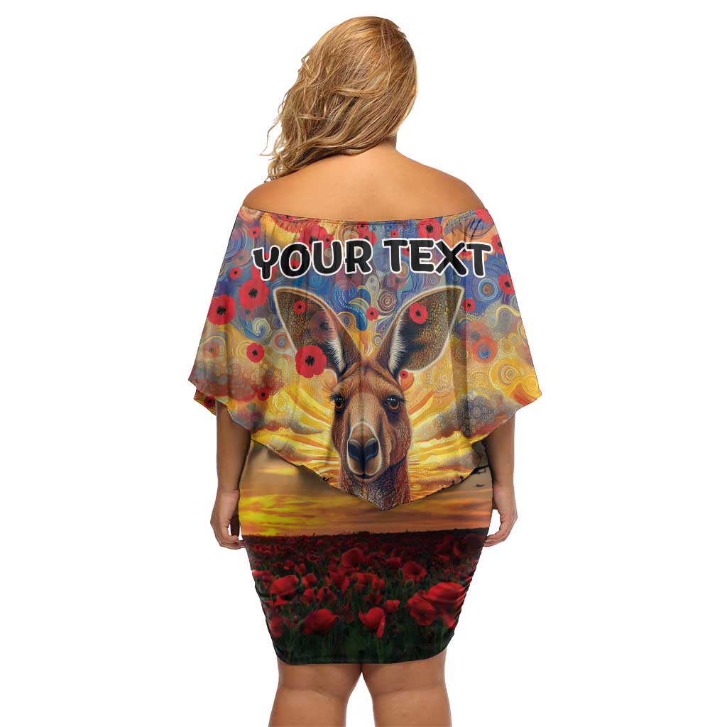 Kangaroo ANZAC Personalised Off Shoulder Short Dress Poppy Flowers Aboriginal Dot Painting