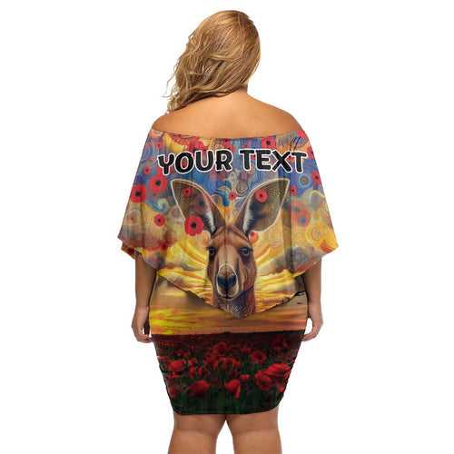 Kangaroo ANZAC Personalised Off Shoulder Short Dress Poppy Flowers Aboriginal Dot Painting