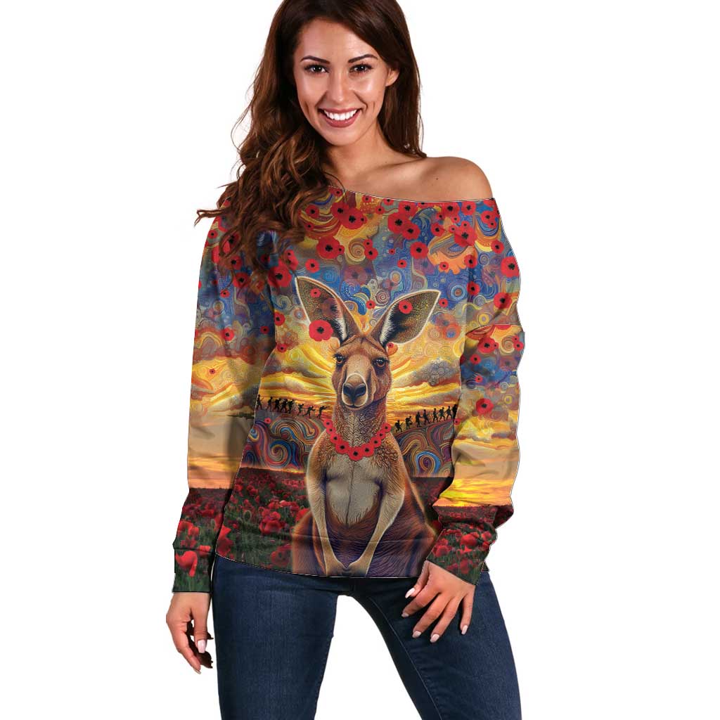Kangaroo ANZAC Personalised Off Shoulder Sweater Poppy Flowers Aboriginal Dot Painting