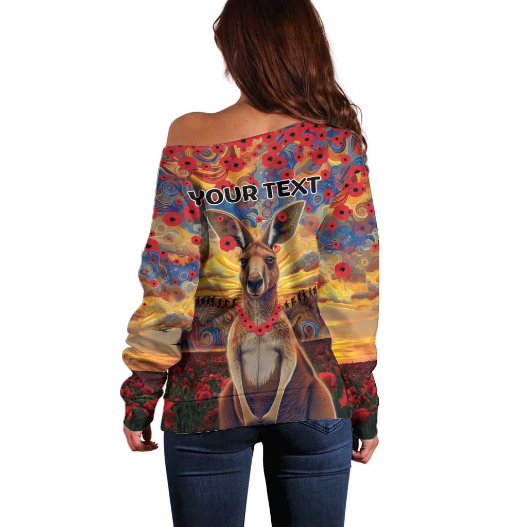 Kangaroo ANZAC Personalised Off Shoulder Sweater Poppy Flowers Aboriginal Dot Painting