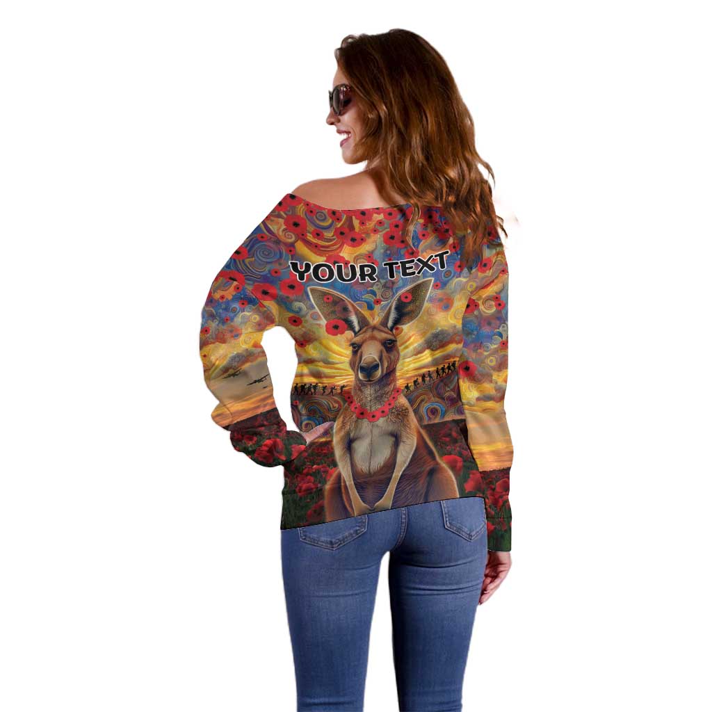 Kangaroo ANZAC Personalised Off Shoulder Sweater Poppy Flowers Aboriginal Dot Painting