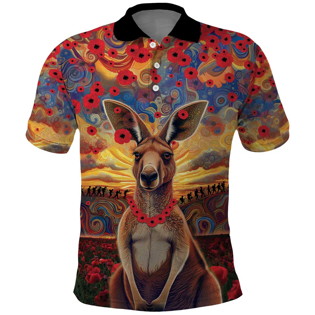 Kangaroo ANZAC Personalised Polo Shirt Poppy Flowers Aboriginal Dot Painting