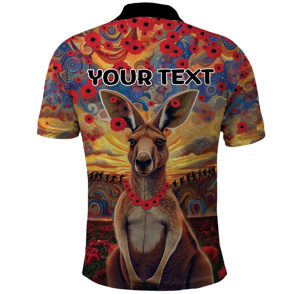 Kangaroo ANZAC Personalised Polo Shirt Poppy Flowers Aboriginal Dot Painting