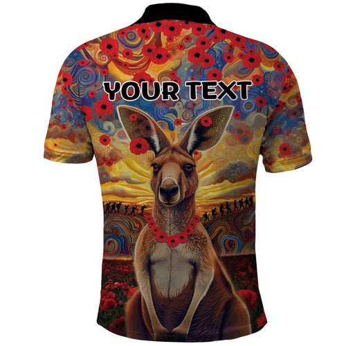 Kangaroo ANZAC Personalised Polo Shirt Poppy Flowers Aboriginal Dot Painting