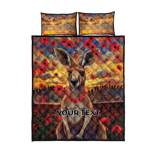 Kangaroo ANZAC Personalised Quilt Bed Set Poppy Flowers Aboriginal Dot Painting