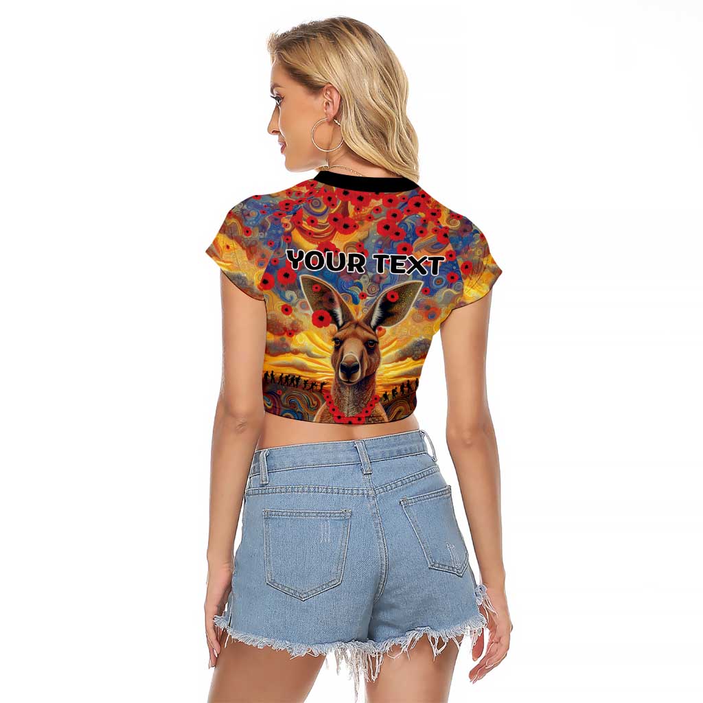 Kangaroo ANZAC Personalised Raglan Cropped T Shirt Poppy Flowers Aboriginal Dot Painting