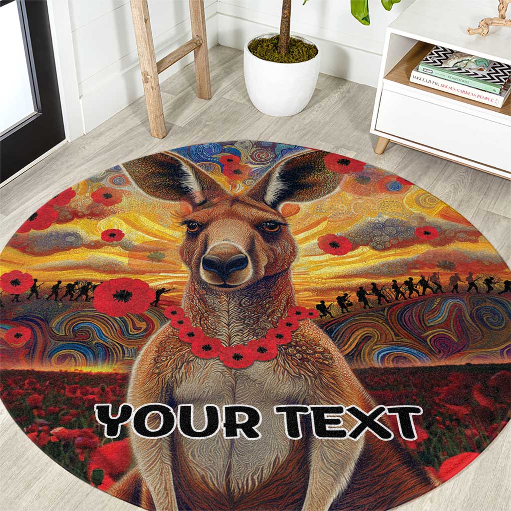 Kangaroo ANZAC Personalised Round Carpet Poppy Flowers Aboriginal Dot Painting