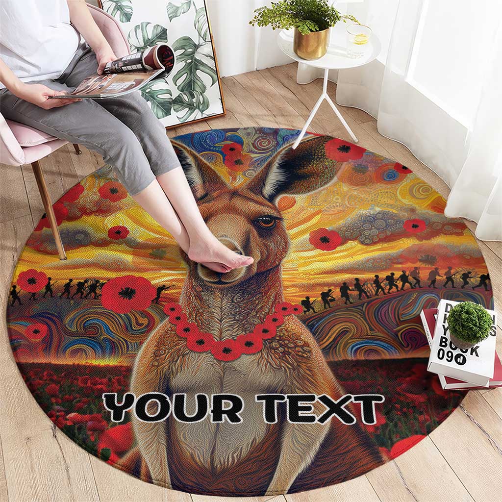Kangaroo ANZAC Personalised Round Carpet Poppy Flowers Aboriginal Dot Painting