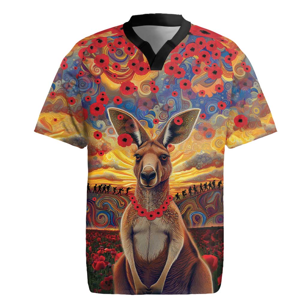 Kangaroo ANZAC Personalised Rugby Jersey Poppy Flowers Aboriginal Dot Painting