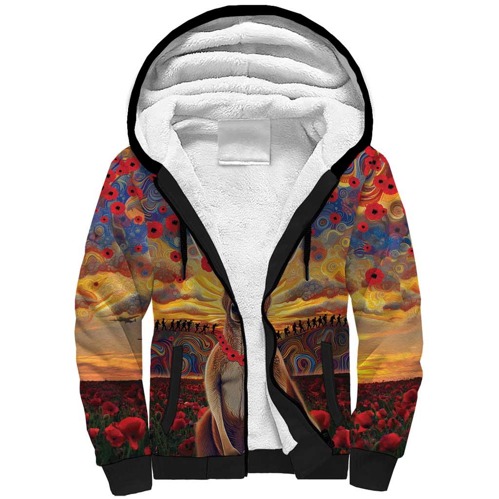 Kangaroo ANZAC Personalised Sherpa Hoodie Poppy Flowers Aboriginal Dot Painting