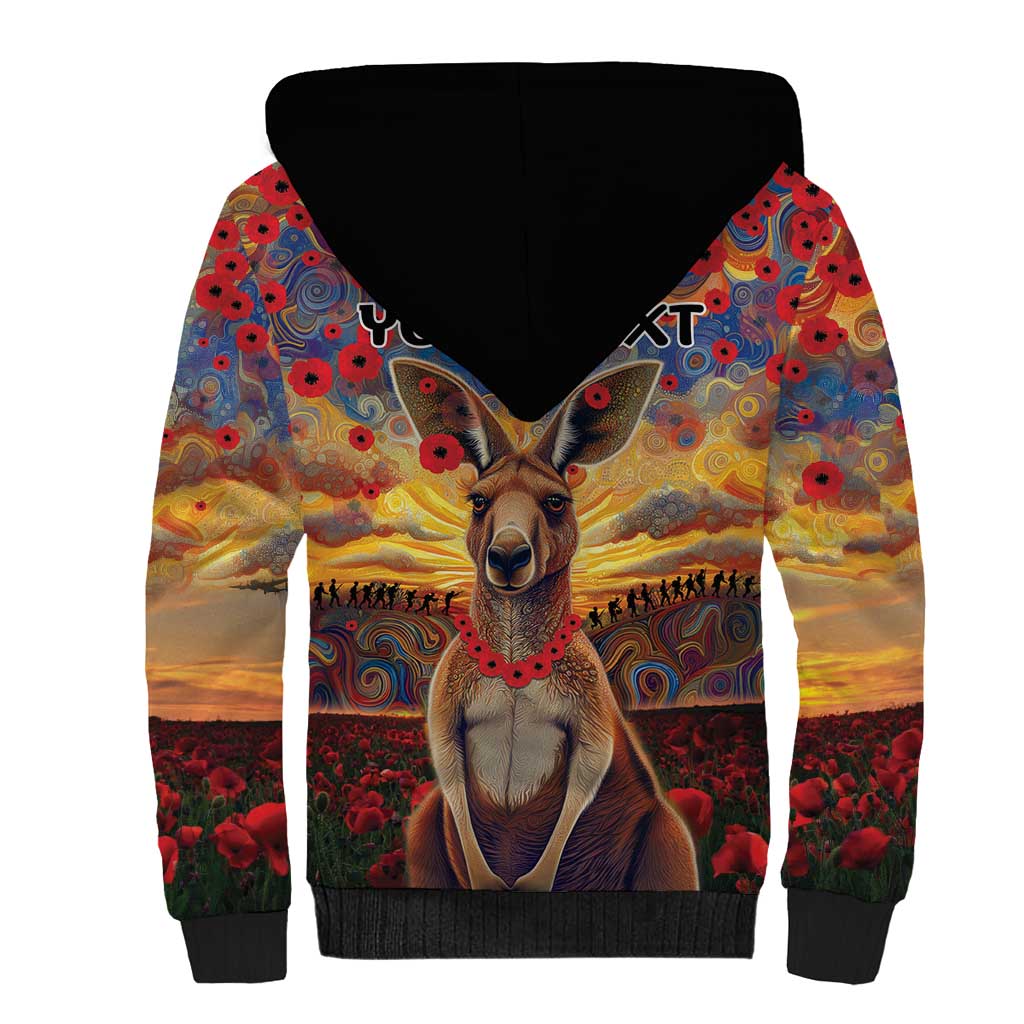 Kangaroo ANZAC Personalised Sherpa Hoodie Poppy Flowers Aboriginal Dot Painting