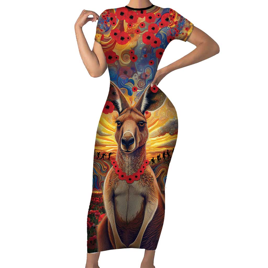 Kangaroo ANZAC Personalised Short Sleeve Bodycon Dress Poppy Flowers Aboriginal Dot Painting