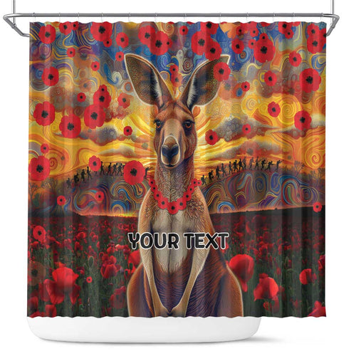 Kangaroo ANZAC Personalised Shower Curtain Poppy Flowers Aboriginal Dot Painting