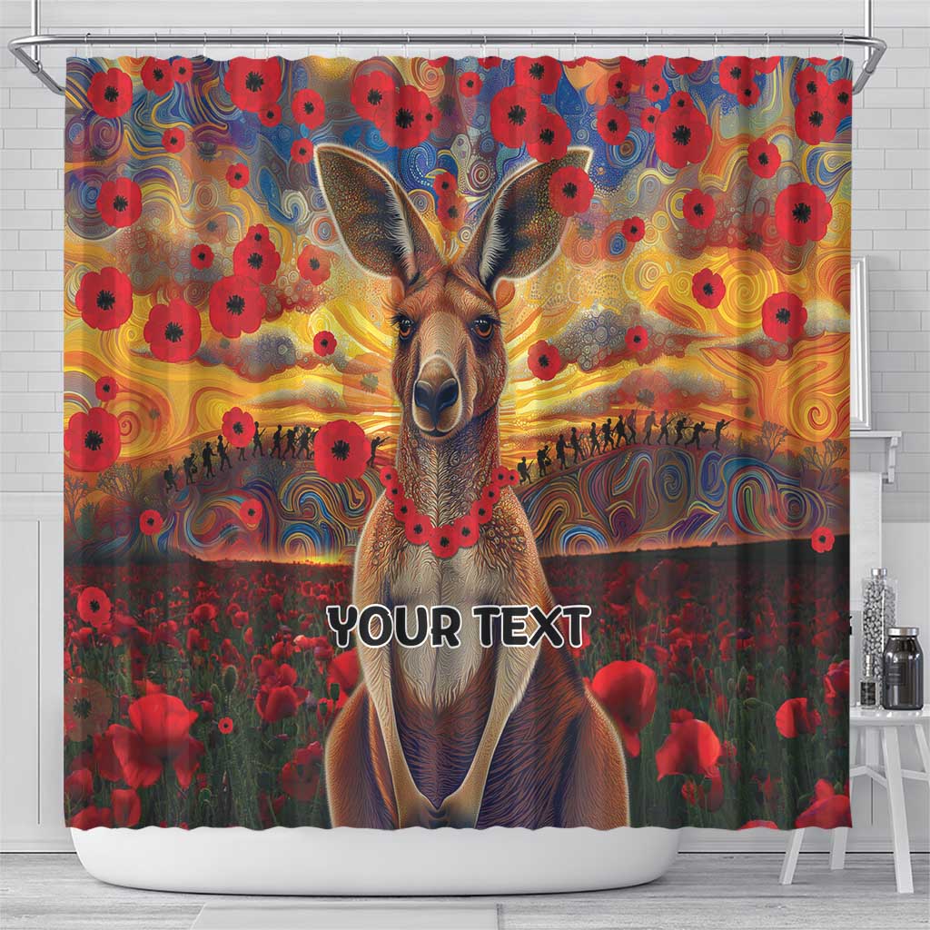 Kangaroo ANZAC Personalised Shower Curtain Poppy Flowers Aboriginal Dot Painting