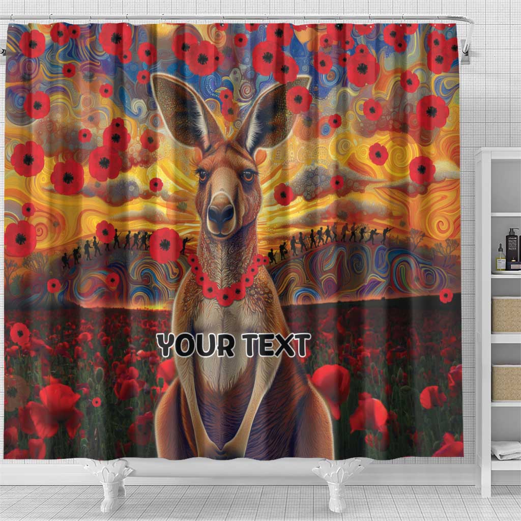 Kangaroo ANZAC Personalised Shower Curtain Poppy Flowers Aboriginal Dot Painting