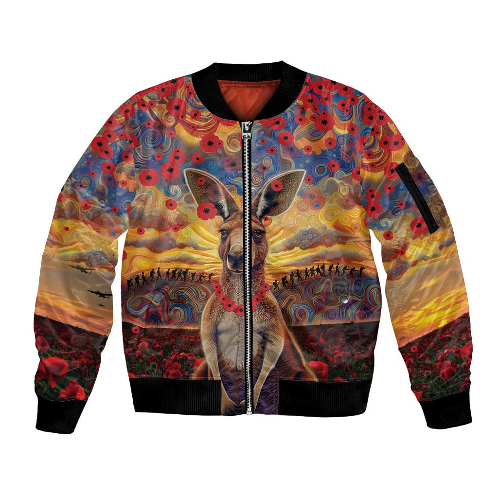 Kangaroo ANZAC Personalised Sleeve Zip Bomber Jacket Poppy Flowers Aboriginal Dot Painting