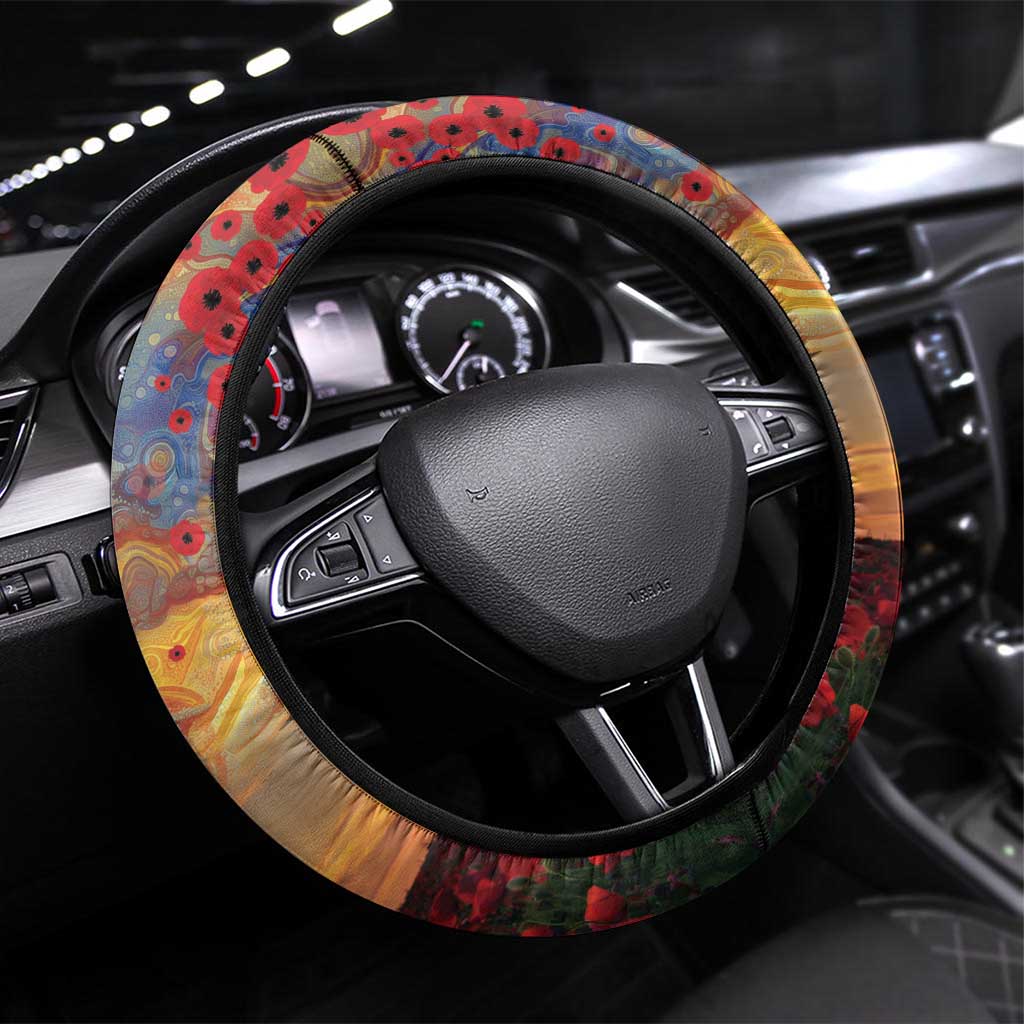 Kangaroo ANZAC Steering Wheel Cover Poppy Flowers Aboriginal Dot Painting