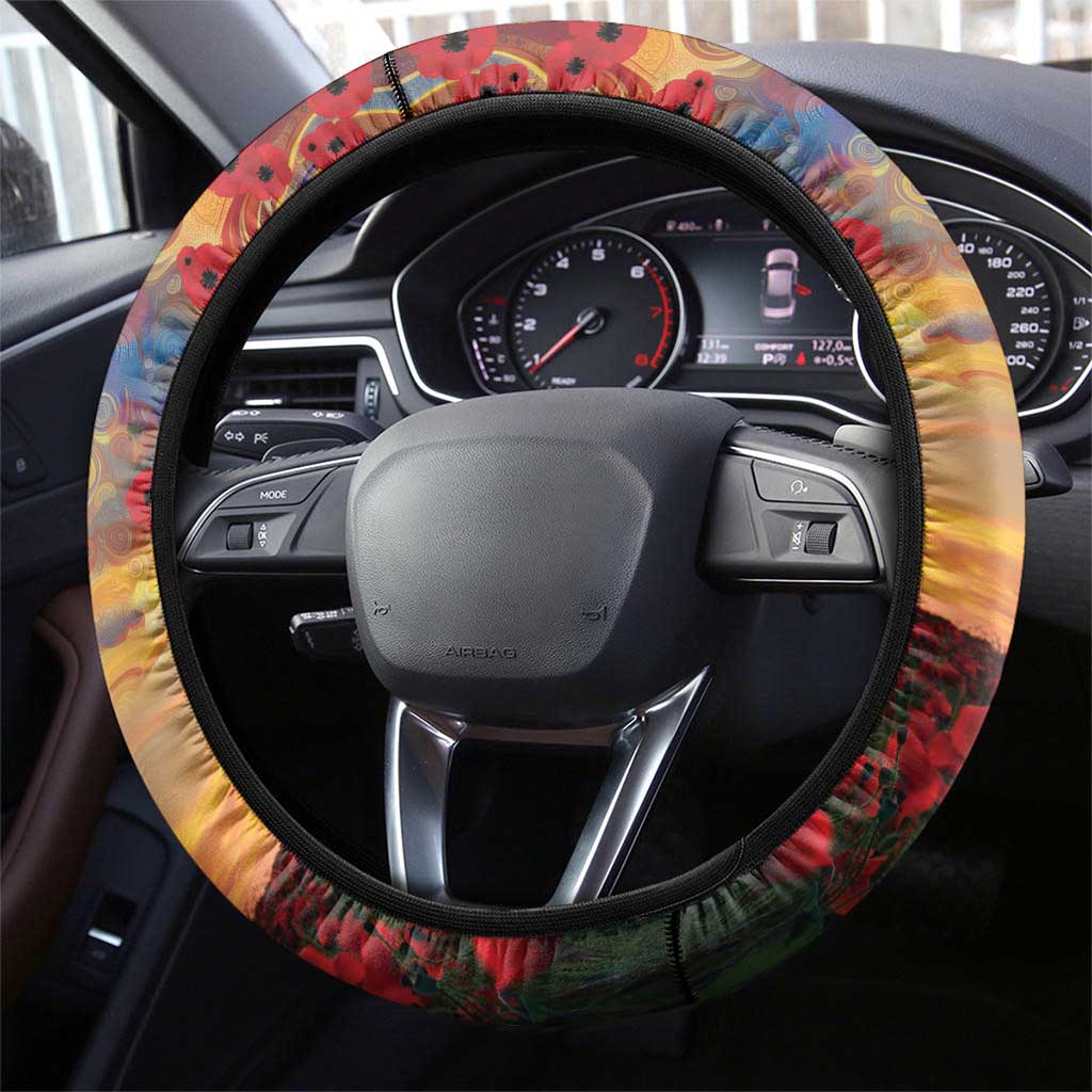 Kangaroo ANZAC Steering Wheel Cover Poppy Flowers Aboriginal Dot Painting