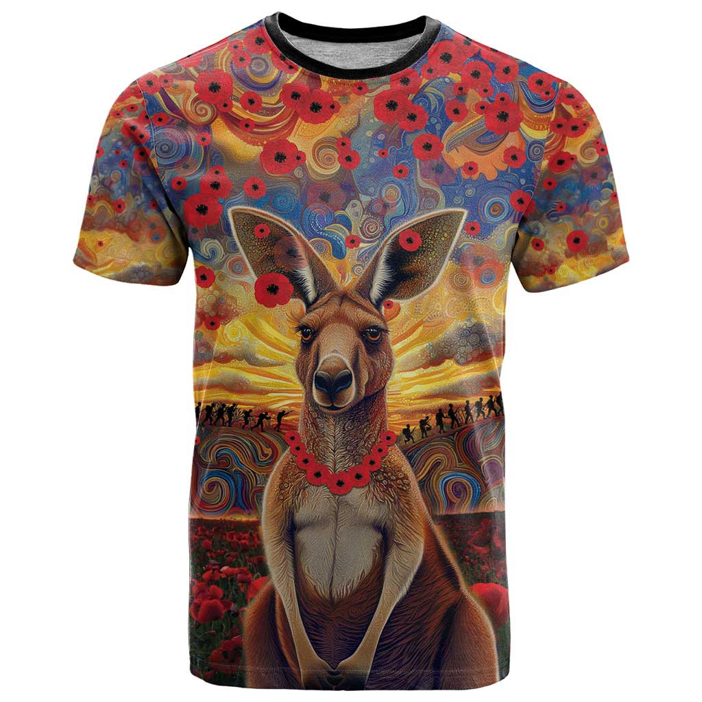 Kangaroo ANZAC Personalised T Shirt Poppy Flowers Aboriginal Dot Painting
