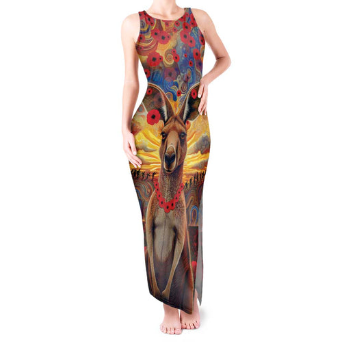 Kangaroo ANZAC Personalised Tank Maxi Dress Poppy Flowers Aboriginal Dot Painting