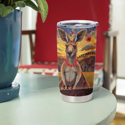 Kangaroo ANZAC Personalised Tumbler Cup Poppy Flowers Aboriginal Dot Painting