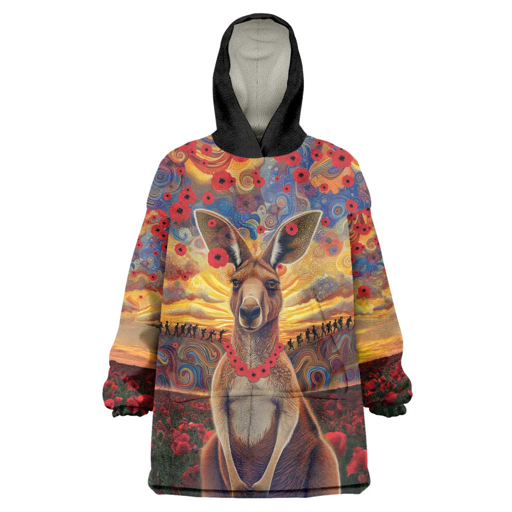 Kangaroo ANZAC Personalised Wearable Blanket Hoodie Poppy Flowers Aboriginal Dot Painting