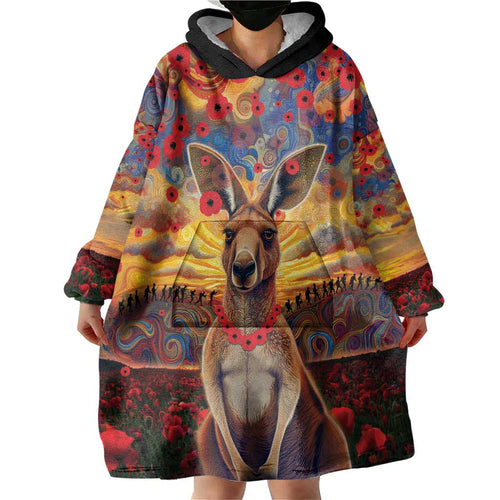 Kangaroo ANZAC Personalised Wearable Blanket Hoodie Poppy Flowers Aboriginal Dot Painting