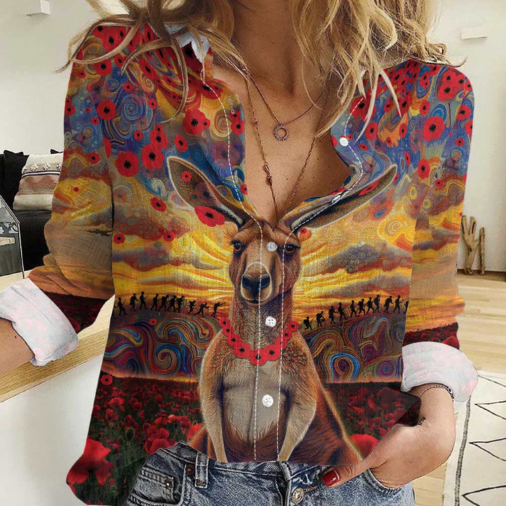 Kangaroo ANZAC Personalised Women Casual Shirt Poppy Flowers Aboriginal Dot Painting