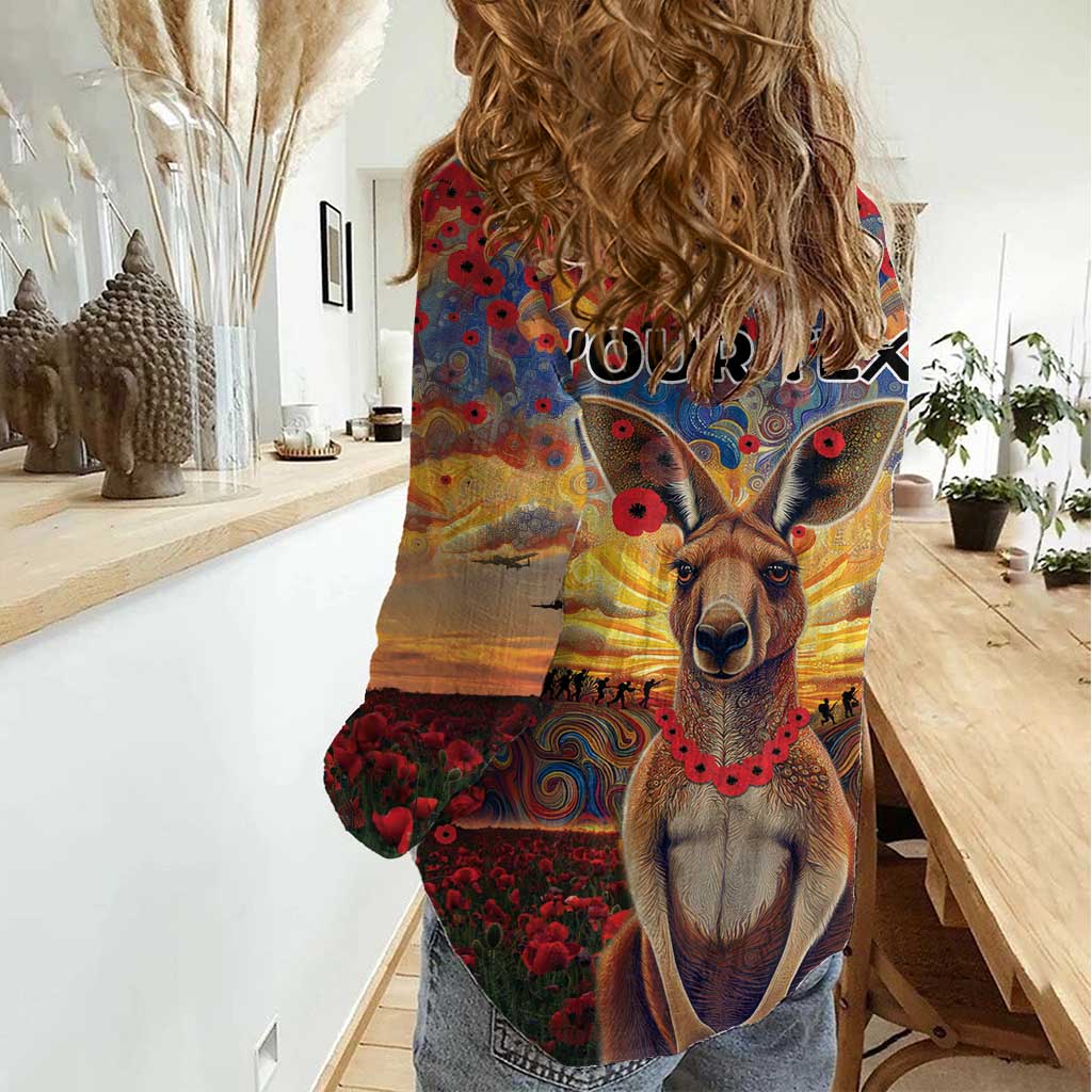Kangaroo ANZAC Personalised Women Casual Shirt Poppy Flowers Aboriginal Dot Painting